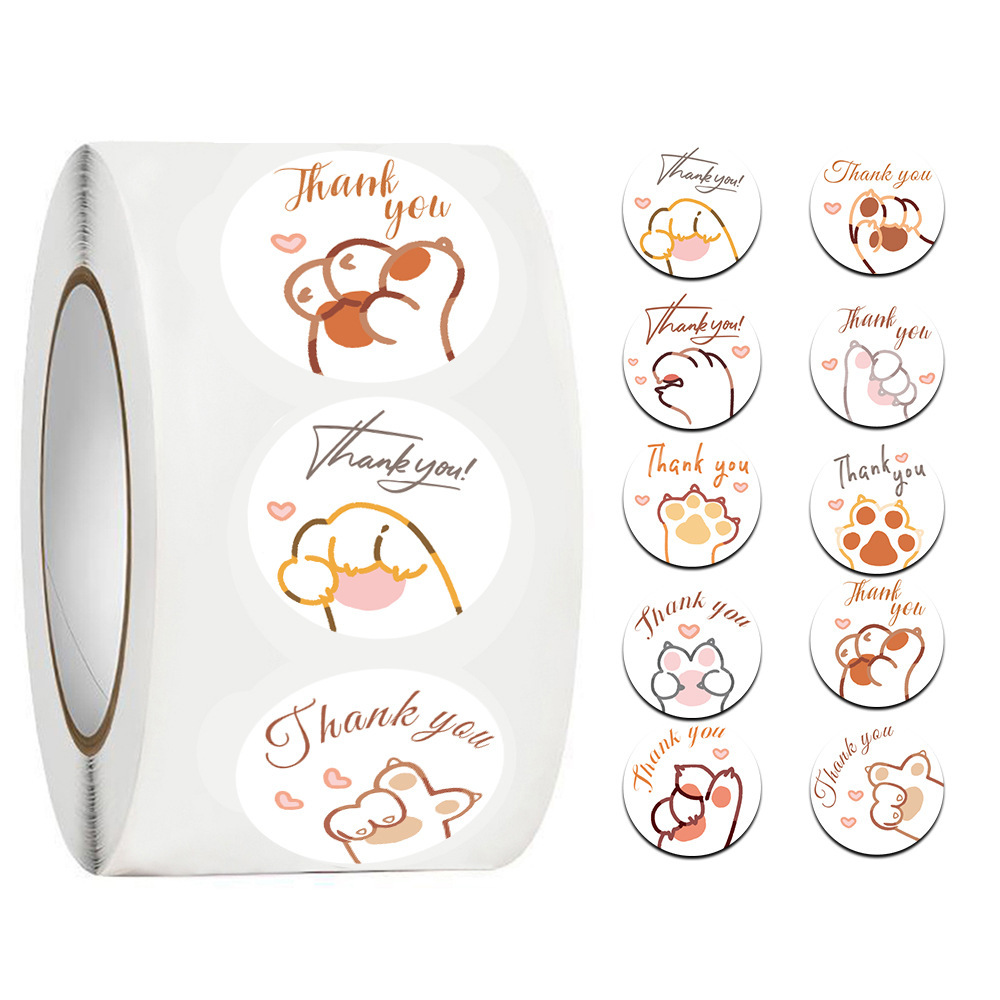 Sticker Label Roll - JCAC 500 Stück/Rolle Niedliche Cartoon-Katzenpfoten-Dankeschön-Aufkleber, Selbstklebende